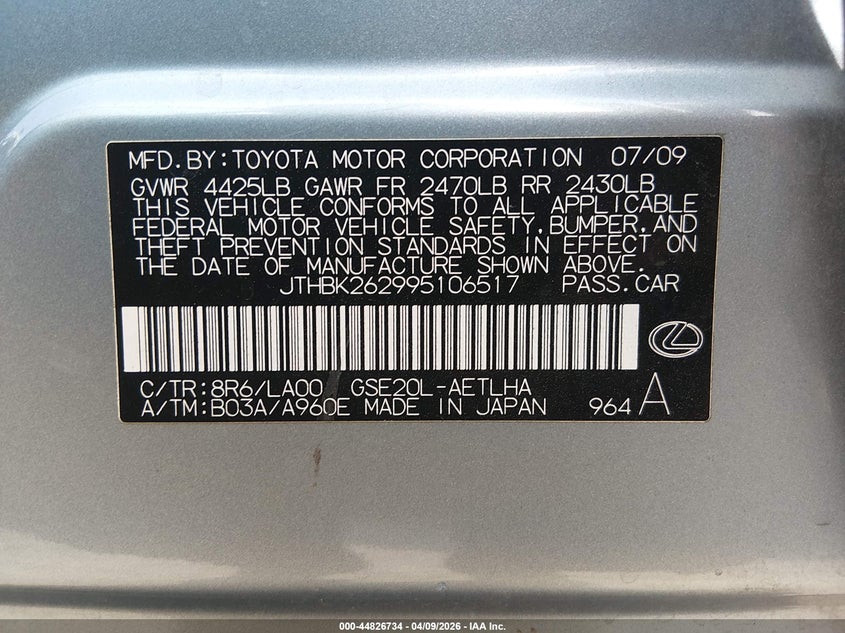 2009 Lexus Is 250 VIN: JTHBK262995106517 Lot: 44826734