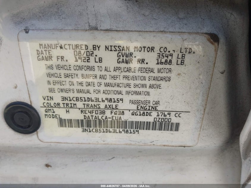 2003 Nissan Sentra Xe VIN: 3N1CB51D63L698159 Lot: 44826787
