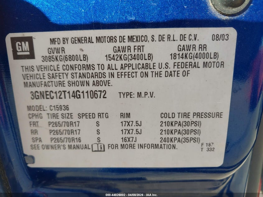 2004 CHEVROLET AVALANCHE TRUCK 5.3L V-8 295HP