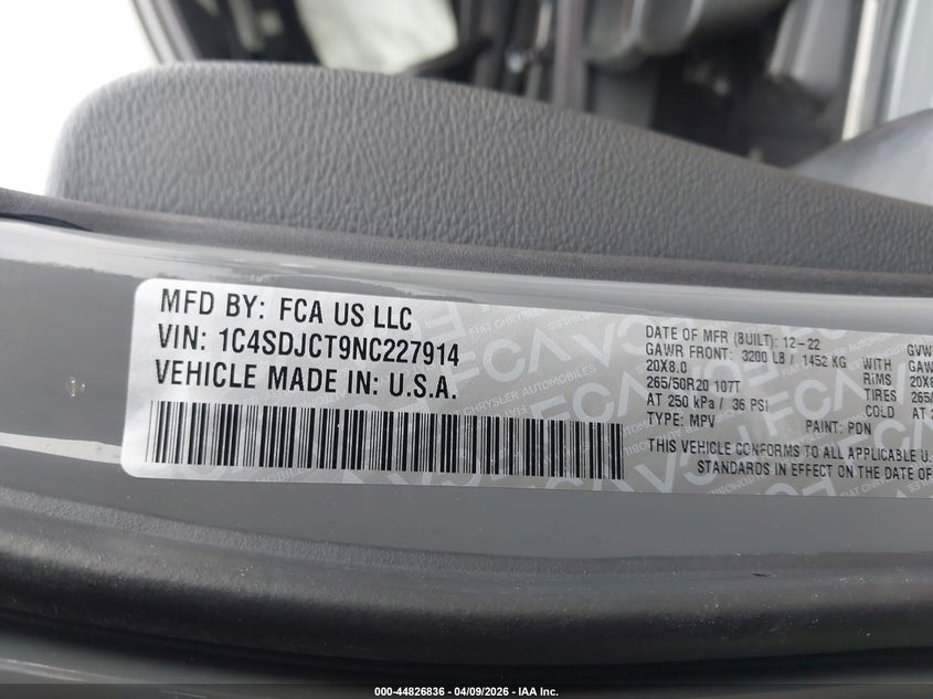 2022 Dodge Durango R/T Awd VIN: 1C4SDJCT9NC227914 Lot: 44826836