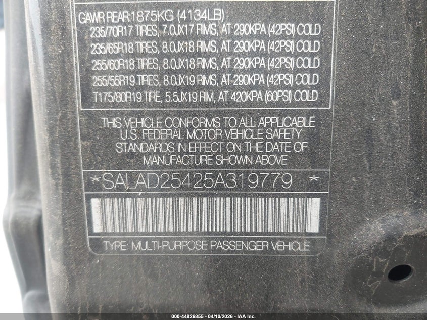 2005 Land Rover Lr3 Se VIN: SALAD25425A319779 Lot: 44826855
