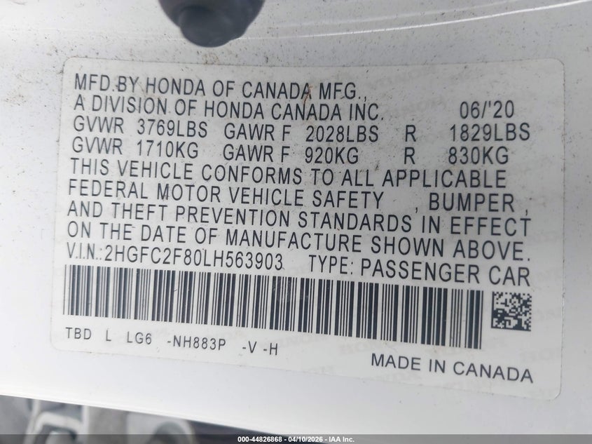 2020 Honda Civic 2.0 Sport white Lot 111044826868 Vin 2HGFC2F80LH563903