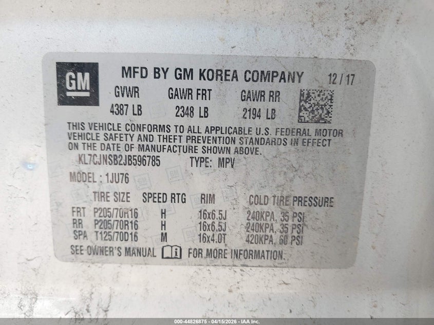 2018 Chevrolet Trax Ls VIN: KL7CJNSB2JB596785 Lot: 44826875