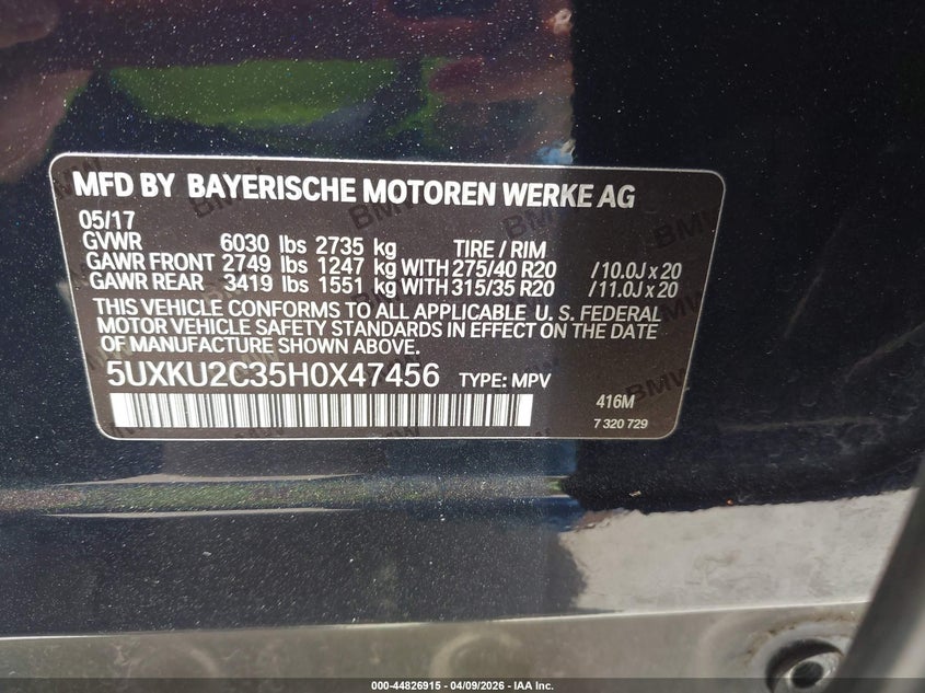 2017 BMW X6 xDrive35I VIN: 5UXKU2C35H0X47456 Lot: 44826915