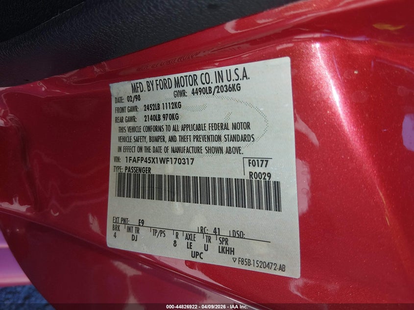 1998 Ford Mustang Gt VIN: 1FAFP45X1WF170317 Lot: 44826922