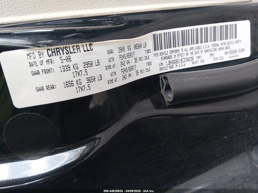 2008 Jeep Commander Overland VIN: 1J8HG68218C230236 Lot: 44826930