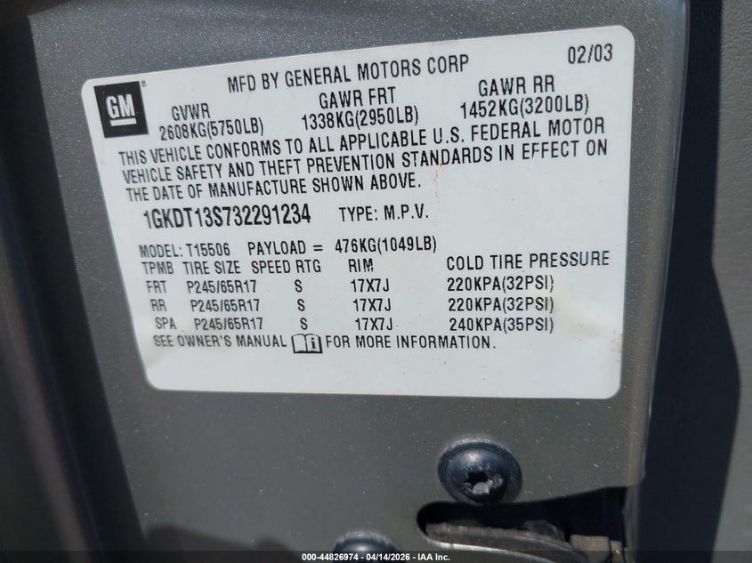 2003 GMC Envoy Sle VIN: 1GKDT13S732291234 Lot: 44826974