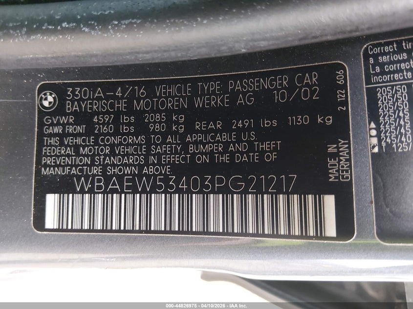 2003 BMW 330Xi VIN: WBAEW53403PG21217 Lot: 44826975