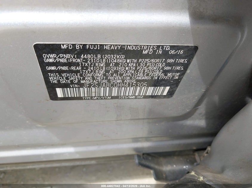 2017 Subaru Forester 2.5I VIN: JF2SJABC0HH415305 Lot: 44827042