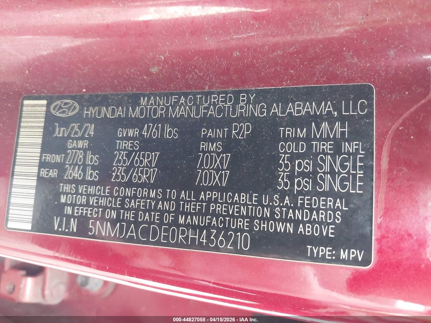 2024 Hyundai Tucson Se VIN: 5NMJACDE0RH436210 Lot: 44827058