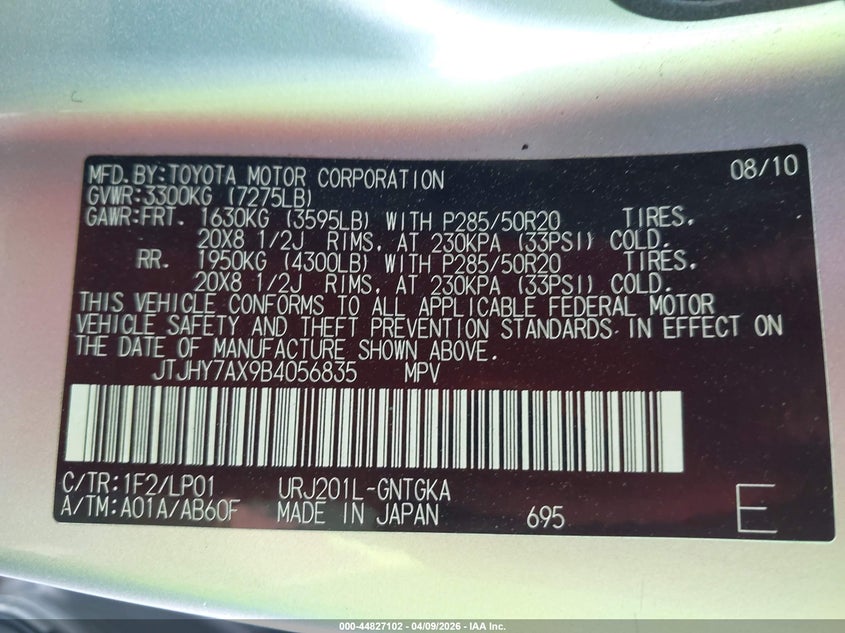 2011 Lexus Lx 570 VIN: JTJHY7AX9B4056835 Lot: 44827102