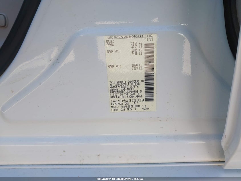 2019 Nissan Leaf Sl Plus VIN: 1N4BZ1CP3KC321339 Lot: 44827110