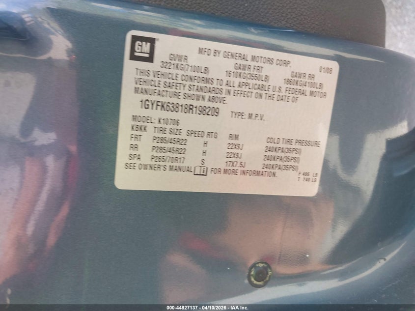 2008 Cadillac Escalade Standard VIN: 1GYFK63818R198209 Lot: 44827137