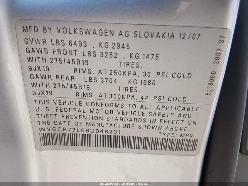 2008 Volkswagen Touareg 2 V8 Fsi VIN: WVGCB77L68D048201 Lot: 44827144