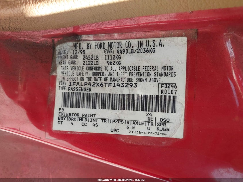 1996 Ford Mustang Gt VIN: 1FALP42X6TF143293 Lot: 44827160