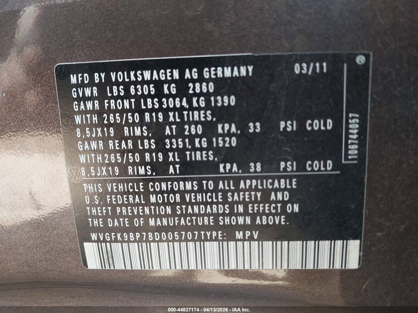 2011 Volkswagen Touareg Tdi Lux VIN: WVGFK9BP7BD005707 Lot: 44827174