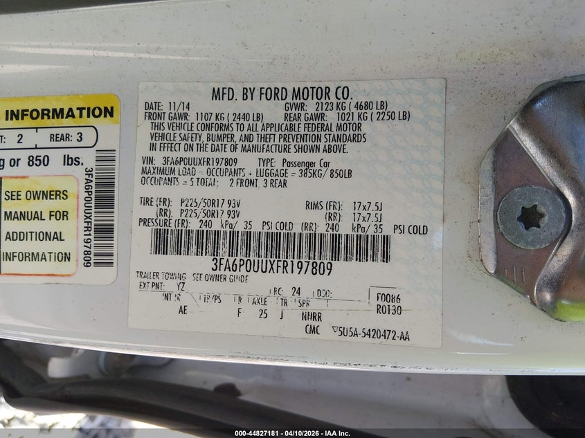 2015 Ford Fusion 2.0 Hybrid S white Lot 111044827181 Vin 3FA6P0UUXFR197809