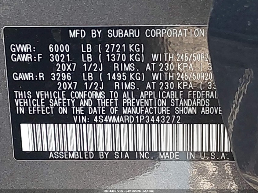 2023 Subaru Ascent Limited 8-Passenger VIN: 4S4WMARD1P3443272 Lot: 44827266