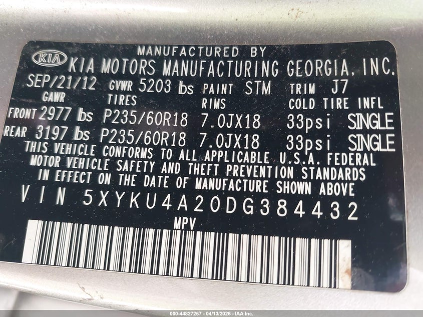 2013 Kia Sorento Ex V6 VIN: 5XYKU4A20DG384432 Lot: 44827267