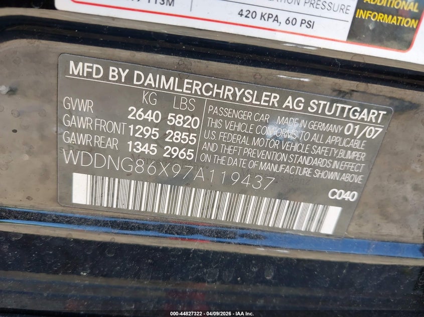 2007 Mercedes-Benz S 550 4Matic VIN: WDDNG86X97A119437 Lot: 44827322