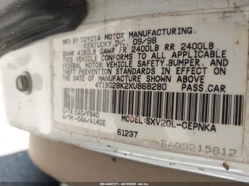 1999 Toyota Camry Le VIN: 4T1BG28K2XU868280 Lot: 44827371