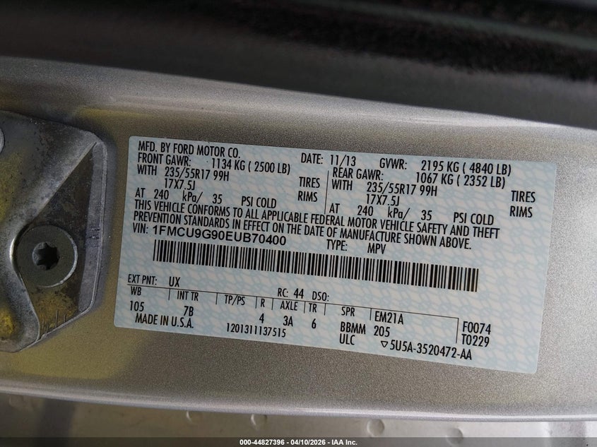 1FMCU9G90EUB70400 2014 Ford Escape 2.0 Se silver