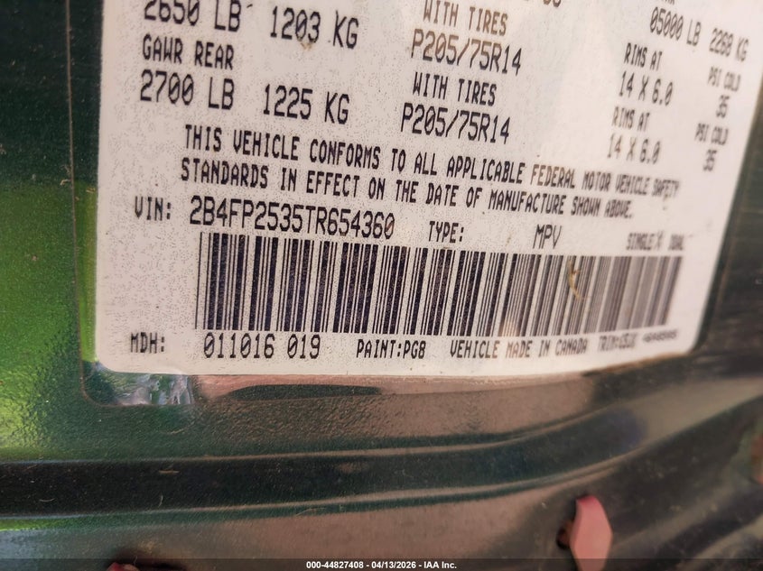 1996 Dodge Caravan VIN: 2B4FP2535TR654360 Lot: 44827408