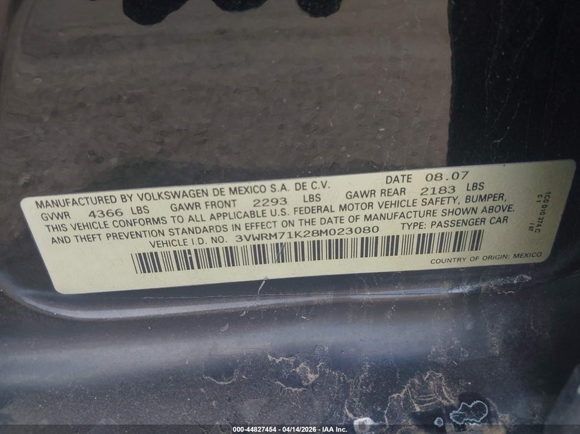 2008 Volkswagen Jetta Se/Sel VIN: 3VWRM71K28M023080 Lot: 44827454