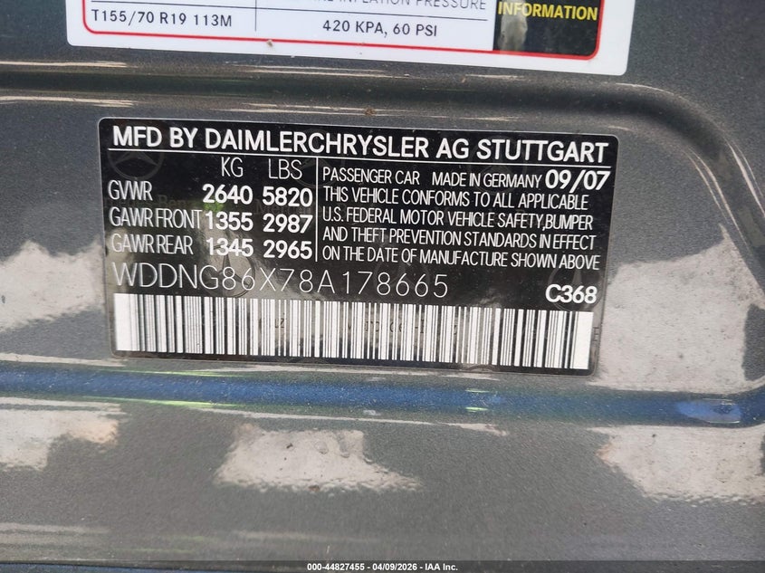 2008 Mercedes-Benz S 550 4Matic VIN: WDDNG86X78A178665 Lot: 44827455