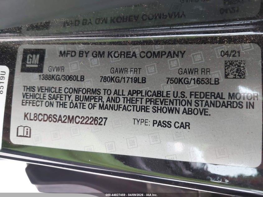 2021 Chevrolet Spark Fwd 1Lt Automatic VIN: KL8CD6SA2MC222627 Lot: 44827459