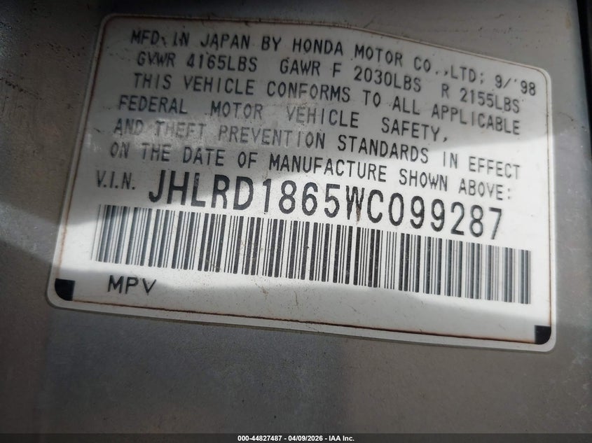 1998 Honda Cr-V Ex VIN: JHLRD1865WC099287 Lot: 44827487