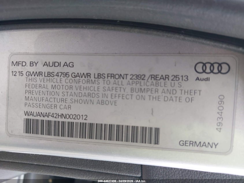 WAUANAF42HN002012 2017 Audi A4 2.0 2.0t Premium Silver