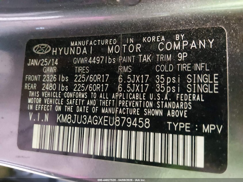 2014 Hyundai Tucson Se VIN: KM8JU3AGXEU879458 Lot: 44827528