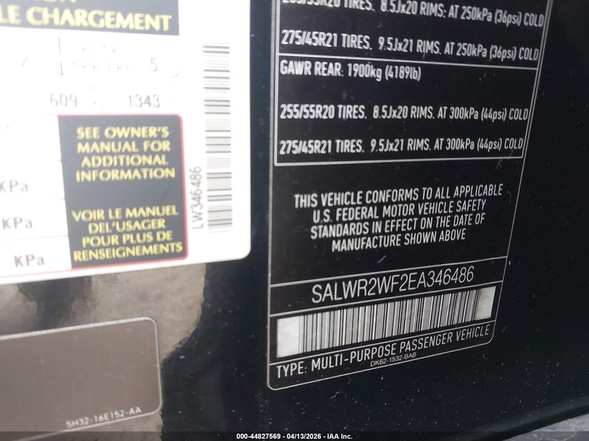 2014 Land Rover Range Rover Sport 3.0L V6 Supercharged Hse VIN: SALWR2WF2EA346486 Lot: 44827569