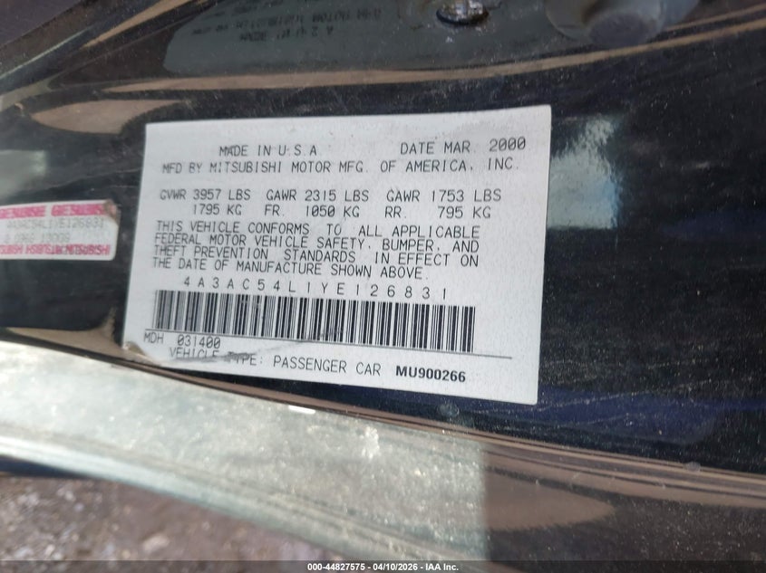 2000 Mitsubishi Eclipse Gt VIN: 4A3AC54L1YE126831 Lot: 44827575