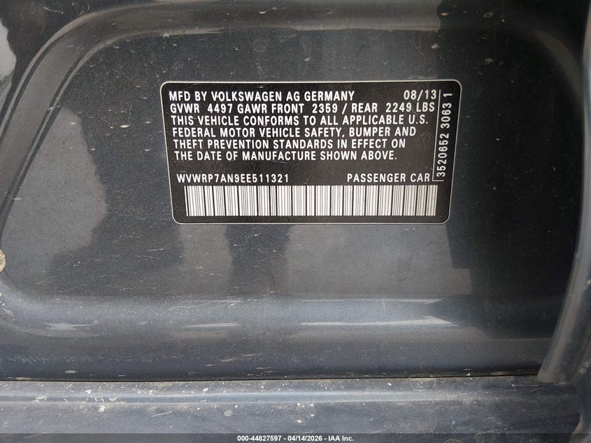2014 Volkswagen Cc 2.0T Executive VIN: WVWRP7AN9EE511321 Lot: 44827597
