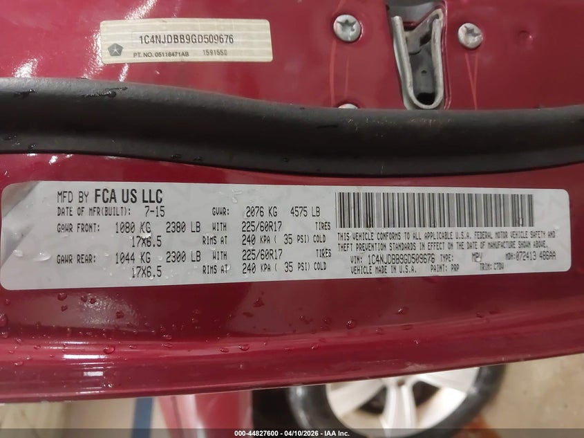 2016 Jeep Compass Sport VIN: 1C4NJDBB9GD509676 Lot: 44827600