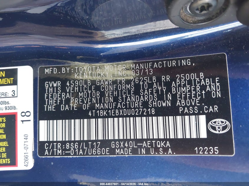 2013 Toyota Avalon Xle Touring VIN: 4T1BK1EBXDU027218 Lot: 44827601