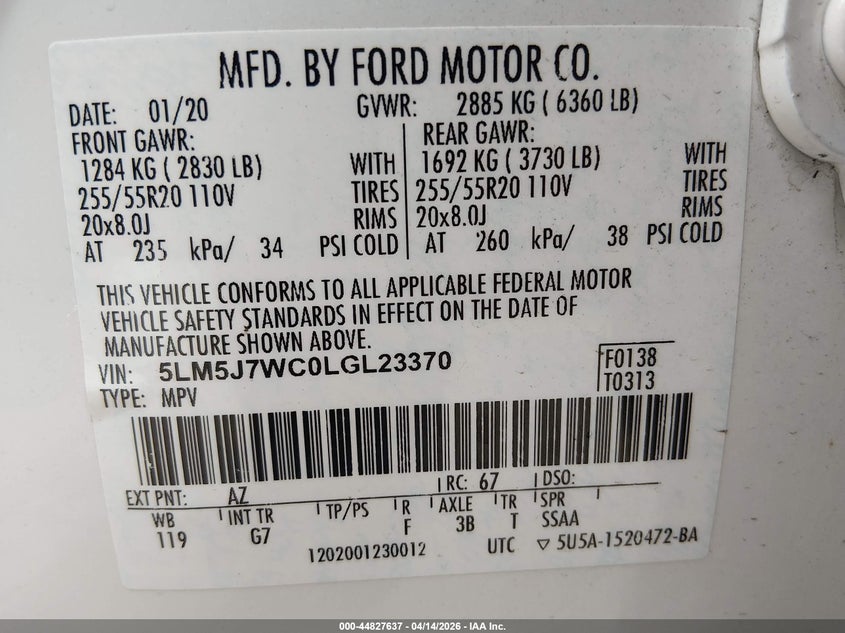 2020 Lincoln Aviator Reserve VIN: 5LM5J7WC0LGL23370 Lot: 44827637