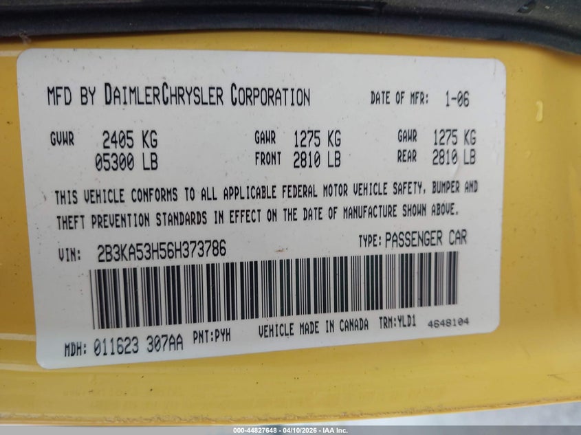 2006 Dodge Charger Rt VIN: 2B3KA53H56H373786 Lot: 44827648