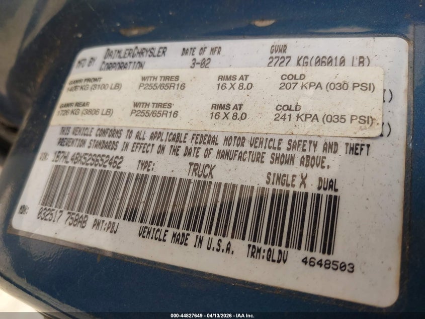 2002 Dodge Dakota Slt VIN: 1B7HL48X52S652462 Lot: 44827649