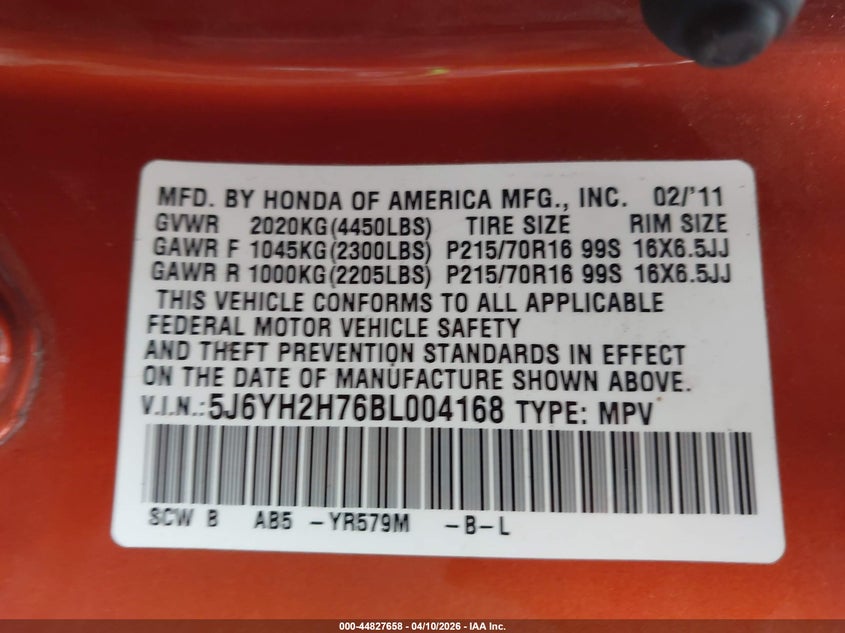 2011 Honda Element Ex VIN: 5J6YH2H76BL004168 Lot: 44827658