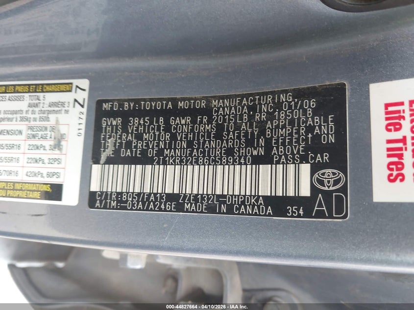 2006 Toyota Matrix VIN: 2T1KR32E86C589340 Lot: 44827664