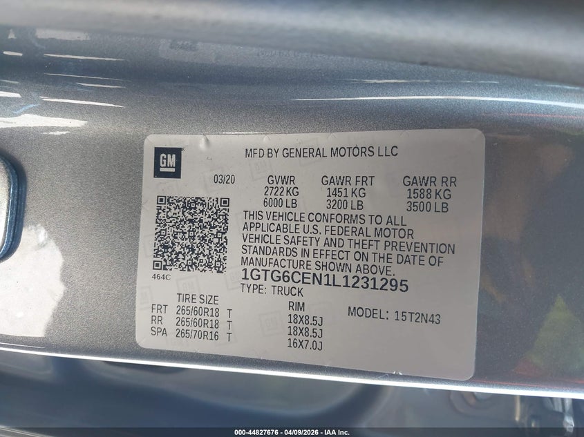 2020 GMC Canyon 4Wd Short Box Sle VIN: 1GTG6CEN1L1231295 Lot: 44827676