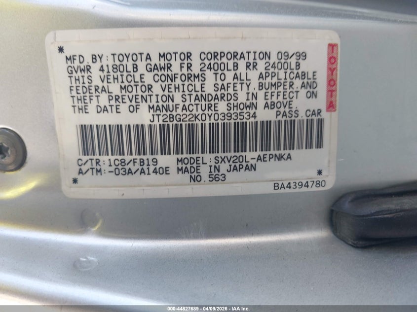 2000 Toyota Camry Le VIN: JT2BG22K0Y0393534 Lot: 44827689