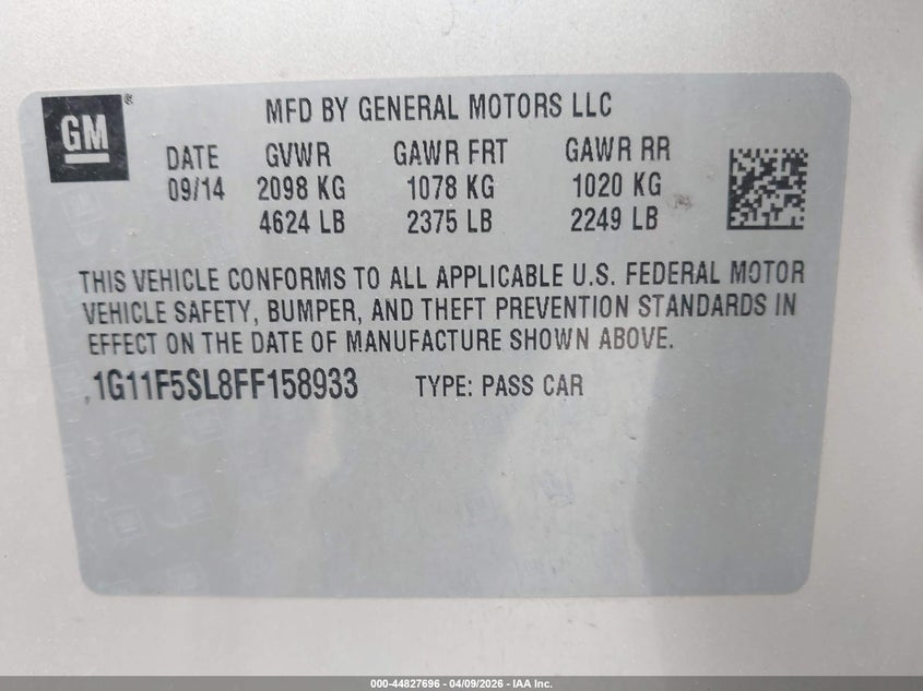 2015 CHEVROLET MALIBU SEDAN 2.5L I-4 DI, DOHC, VVT, 196HP