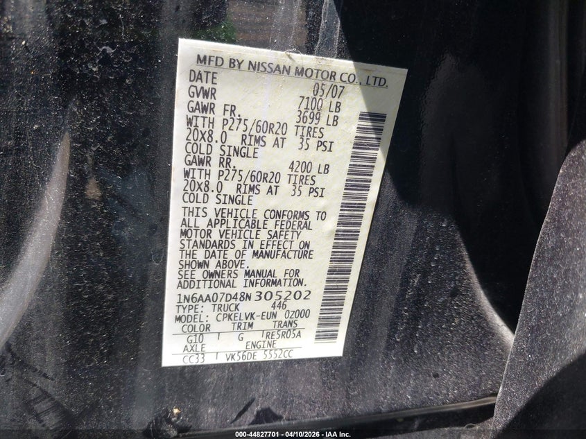 2008 Nissan Titan Le VIN: 1N6AA07D48N305202 Lot: 44827701