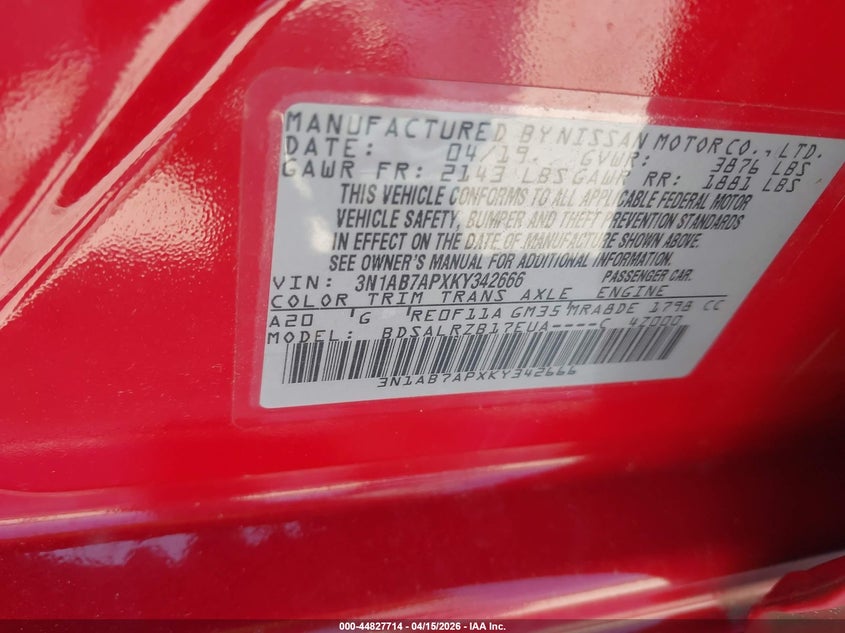 2019 Nissan Sentra Sr VIN: 3N1AB7APXKY342666 Lot: 44827714