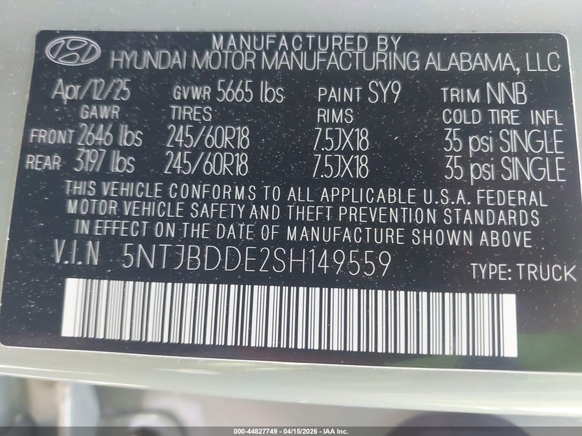 2025 Hyundai Santa Cruz Sel VIN: 5NTJBDDE2SH149559 Lot: 44827749