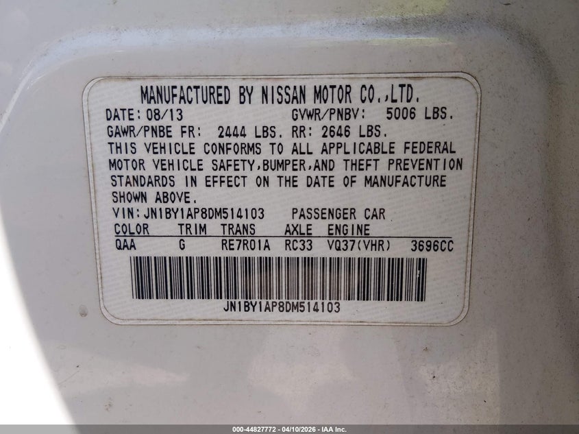 2013 Infiniti M37 VIN: JN1BY1AP8DM514103 Lot: 44827772